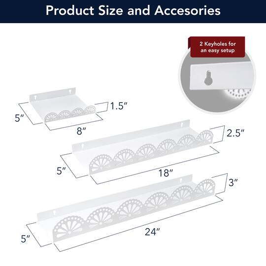 American Art Decor Scallop Metal Floating Shelves, White 3" x 5" x 24", 3pc.
